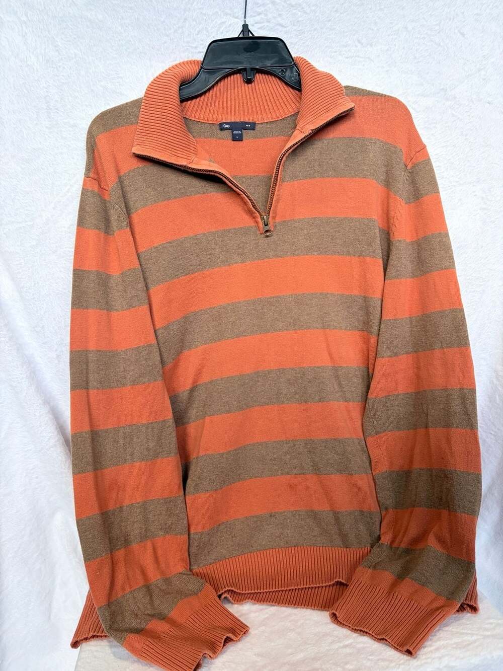 Gap 1/4 Zip Striped Sweater Size L Orange Brown Elbow Patches
